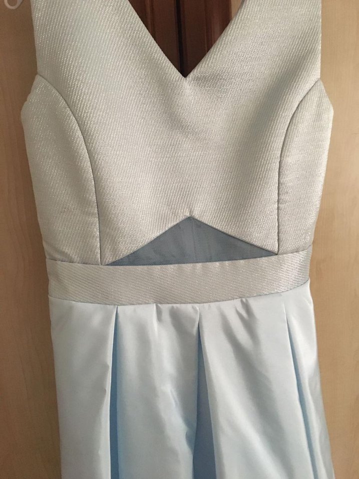 Mavi V Yakalı Uzun Drapeli Abiye Elbise - Görsel 2