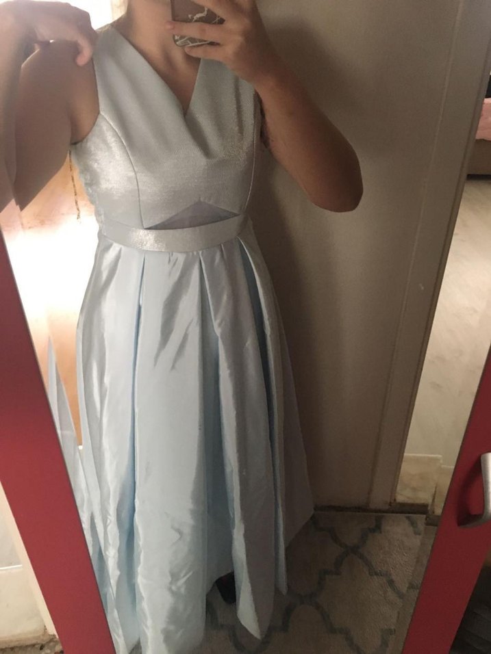 Mavi V Yakalı Uzun Drapeli Abiye Elbise - Görsel 4