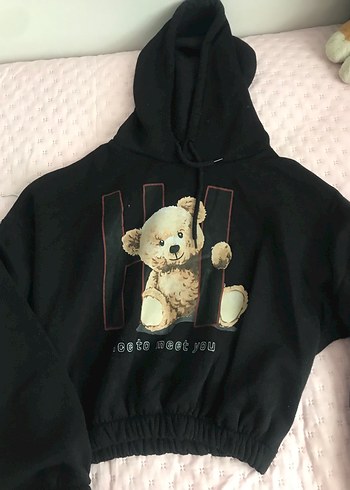 Kürklü Ayıcık Baskılı Siyah Kapüşonlu Sweatshirt - Görsel 2