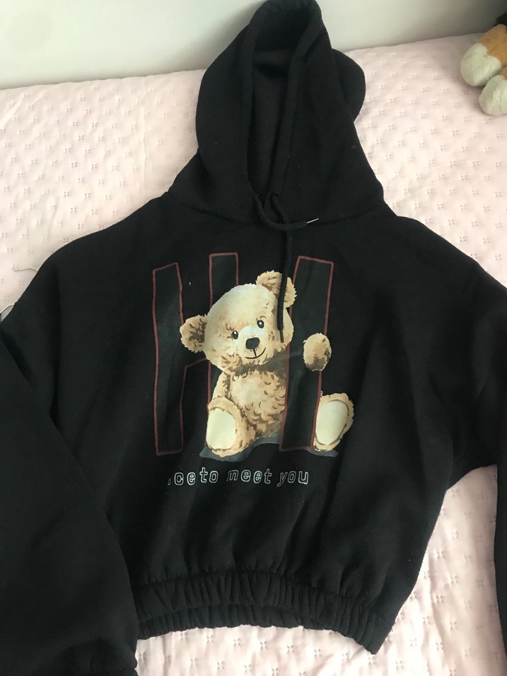 Kürklü Ayıcık Baskılı Siyah Kapüşonlu Sweatshirt - Görsel 2