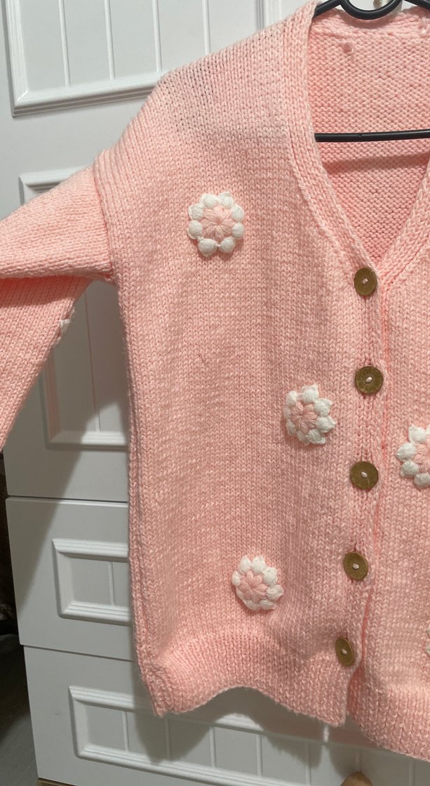 Pembe Örgü Kadın Hırka, Uzun Kollu, Rahat Kesim - Görsel 3