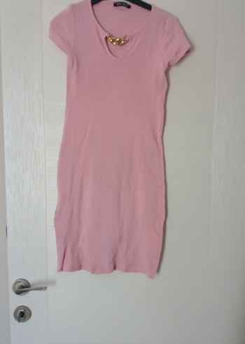 Pembe Midi V Yaka Kısa Kollu Elbise