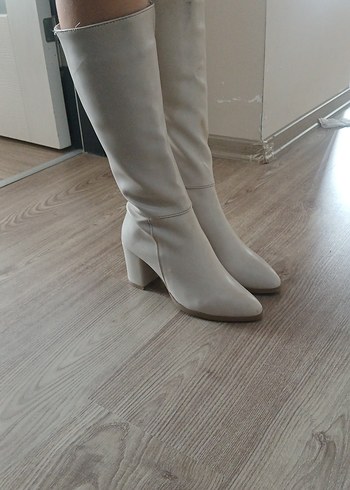 Diğer Bej deri Dizüstü Kadın Botu, Kalın Topuklu