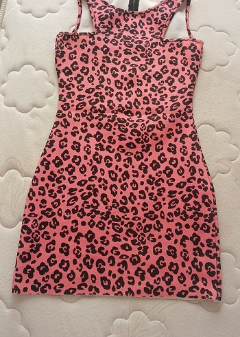 Pembe Leopar Desenli Mini sırtı fermuarlı full likralı Elbise