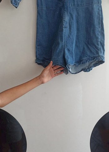 Düğmeli V Yakalı Kadın Kot Tulum - Görsel 2