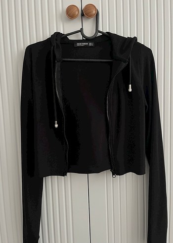 Fermuarlı Siyah Kapüşonlu Mini Sweatshirt