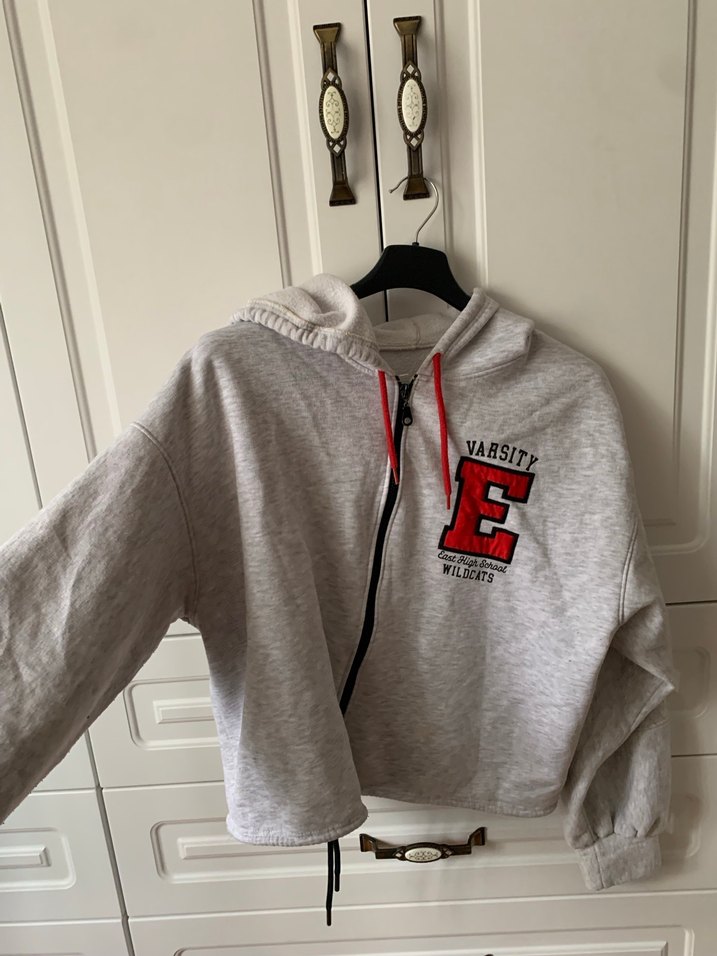 Gri Fermuarlı Kapüşonlu kadın Sweatshirt - Görsel 2