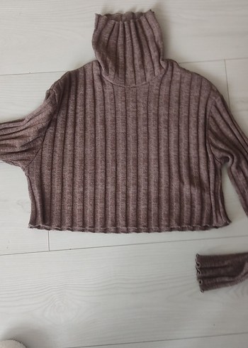 m Beden kahverengi Renk Bej Triko Boğazlı Crop Kazak