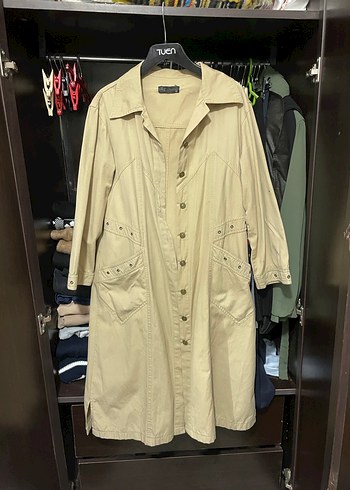 Bej Düğmeli Uzun Kadın Trençkot - Görsel 4