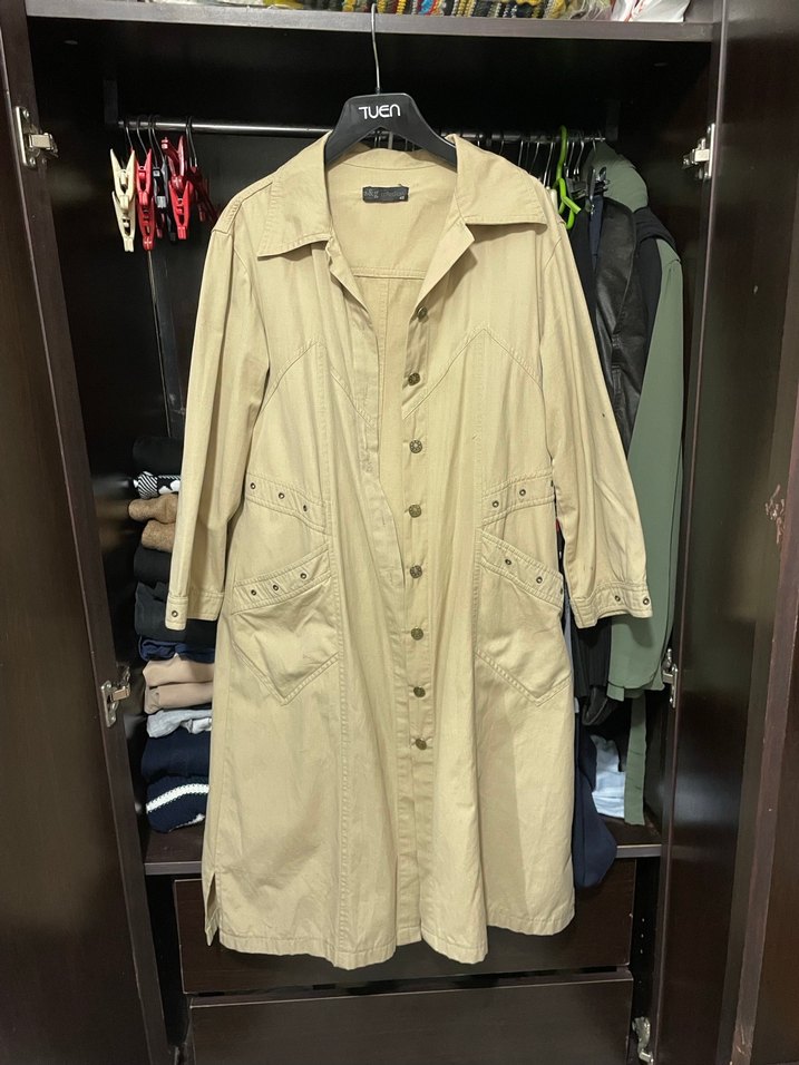 Bej Düğmeli Uzun Kadın Trençkot - Görsel 4