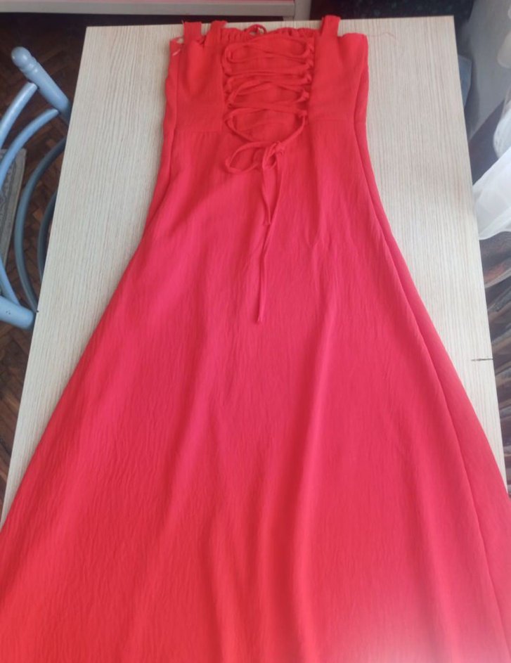 Kırmızı Drapeli Uzun Askılı Elbise - Görsel 2