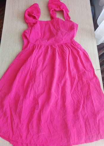 Pembe Keten Midi Elbise