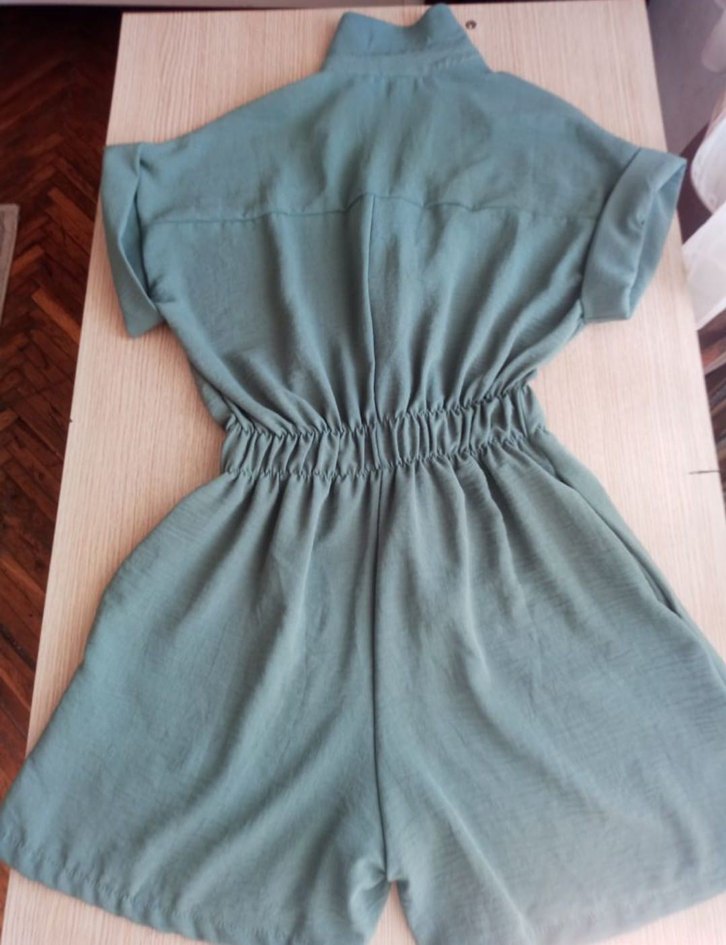 Turkuaz Keten Kısa Bol Kesim Tulum - Görsel 2