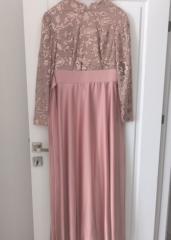 Pembe Uzun Kollu Drapeli Abiye Elbise
