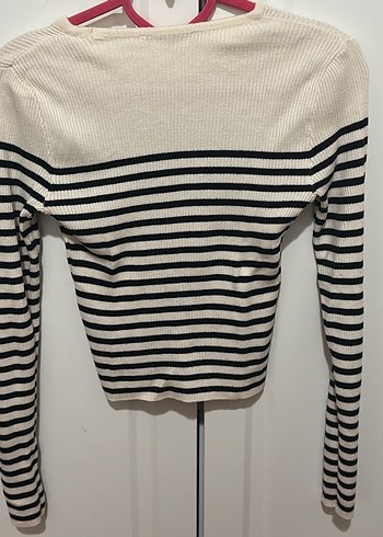 Çizgili Beyaz Gri Örgü Kadın Kazak - Görsel 4