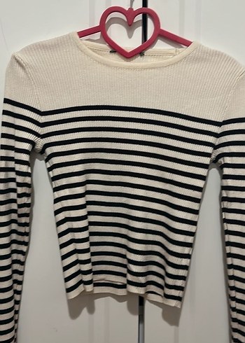 Çizgili Beyaz Gri Örgü Kadın Kazak - Görsel 2