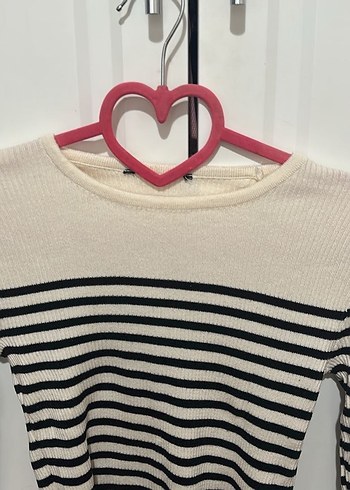 Çizgili Beyaz Gri Örgü Kadın Kazak - Görsel 3