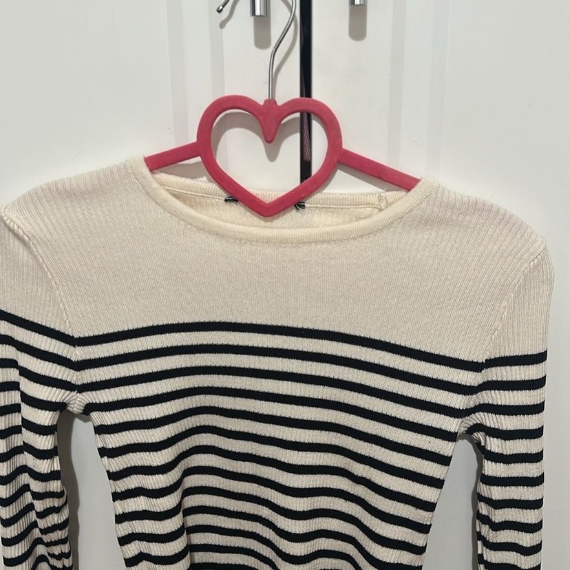 Çizgili Beyaz Gri Örgü Kadın Kazak - Görsel 3