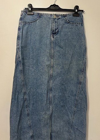 Gri Mavi Midi Denim Etek