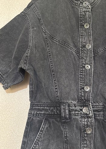 Düğmeli Gri Denim Kısa Tulum - Görsel 5