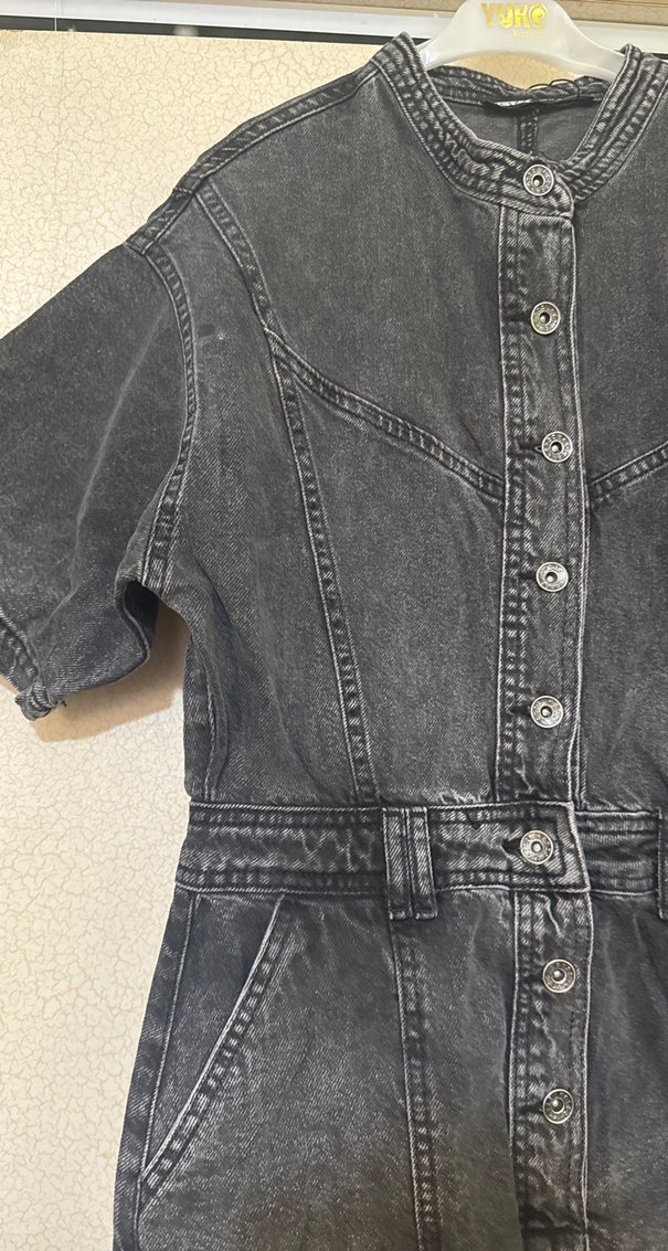 Düğmeli Gri Denim Kısa Tulum - Görsel 5