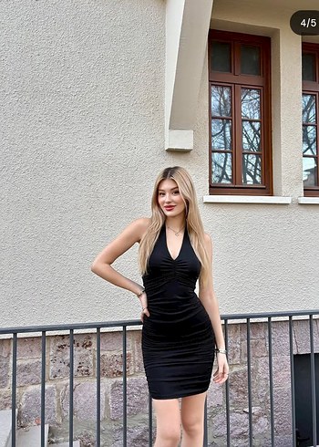 m Beden siyah Renk Siyah Drapeli Mini V Yaka Elbise
