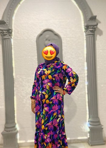 Mor Renkli Bağlama Desenli Uzun Kadın Elbise