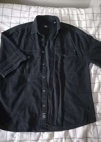 Erkek Siyah Denim Gömlek, Kısa Kollu, Salaş Kesim