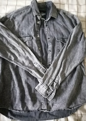 Gri Denim Erkek Gömlek, Bol Kesim, Düğmeli