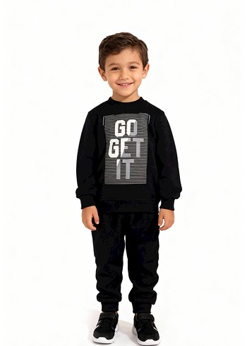 Siyah Erkek Çocuk Baskılı Sweatshirt ve Eşofman