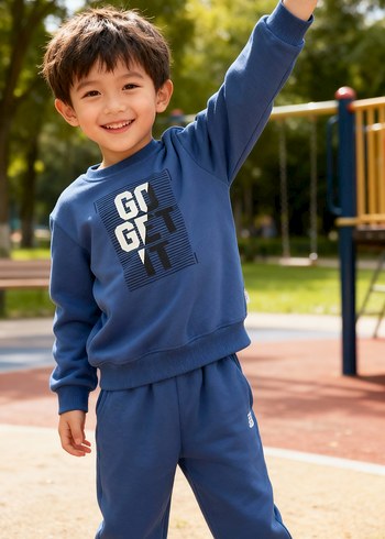 Erkek Çocuk Mavi Baskılı Sweatshirt ve Eşofman Takımı