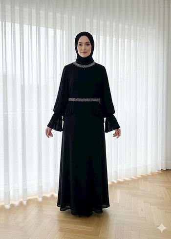 Nakışlı Siyah Uzun Kollu Uzun Elbise