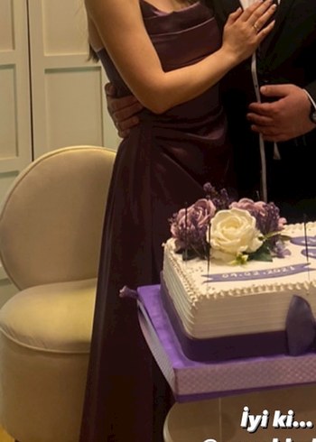 Mor Drapeli Uzun Saten Abiye Elbise - Görsel 4