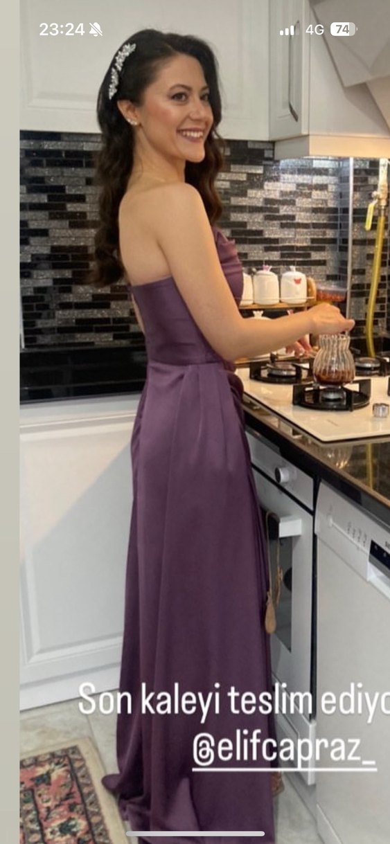 Mor Drapeli Uzun Saten Abiye Elbise - Görsel 3