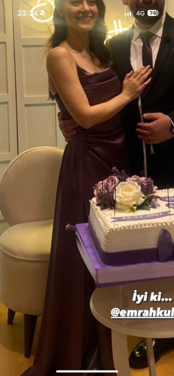 Mor Drapeli Uzun Saten Abiye Elbise - Görsel 4