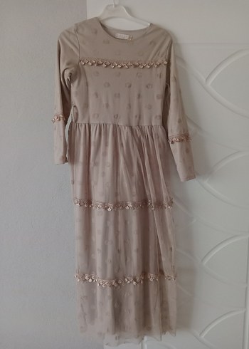 Bej Uzun Kollu Nakışlı Bohem Elbise - Görsel 2