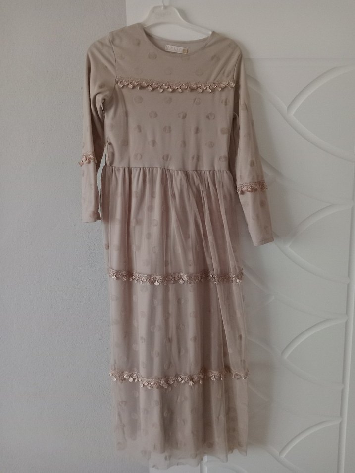 Bej Uzun Kollu Nakışlı Bohem Elbise - Görsel 2