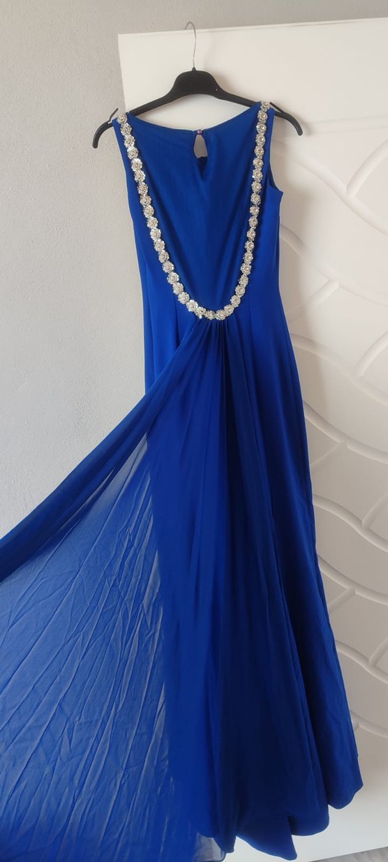 Uzun Kollarsız Mavi V Yaka Elbise - Görsel 2