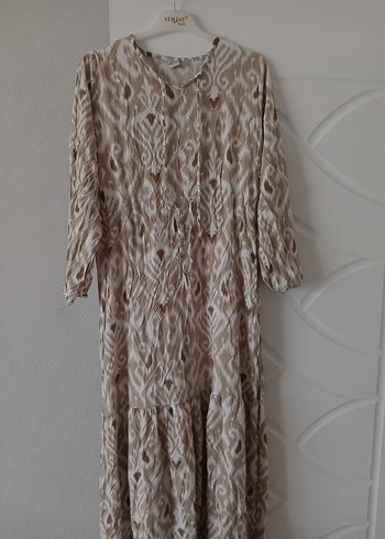 Bej Bohem Uzun Keten Elbise - Görsel 2