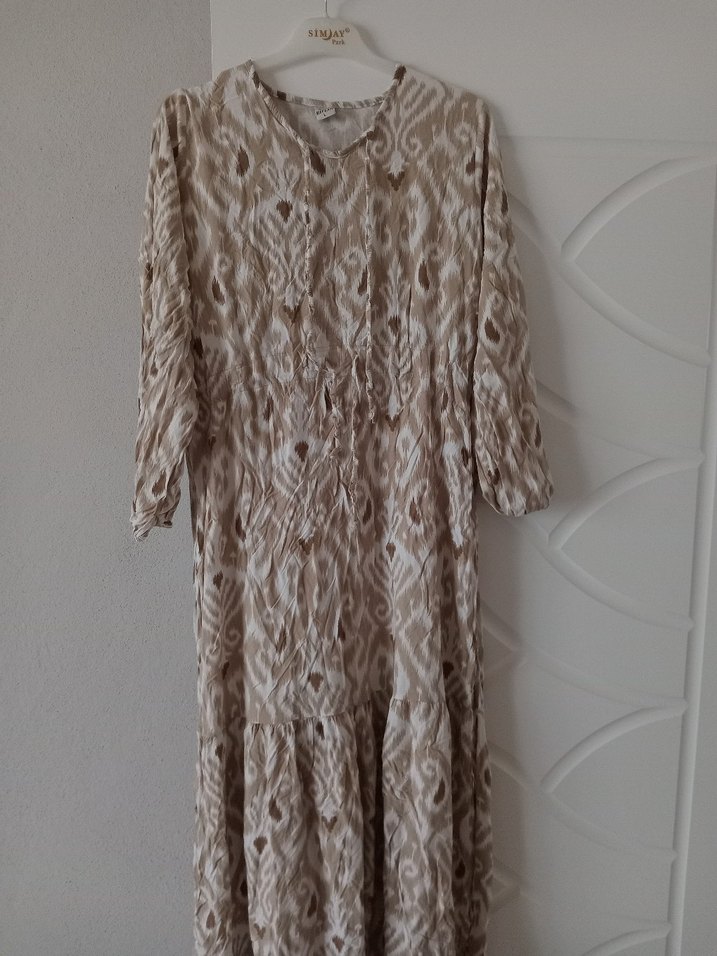 Bej Bohem Uzun Keten Elbise - Görsel 2