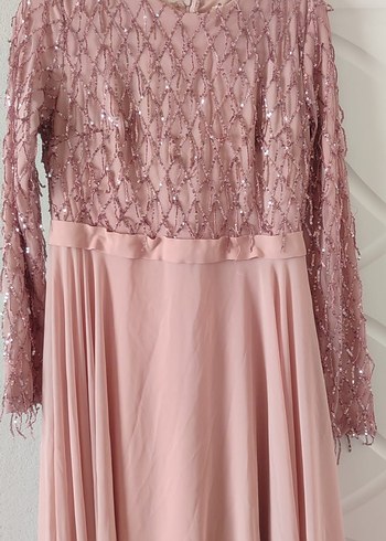 Pembe Dantel Detaylı Uzun Abiye Elbise - Görsel 2