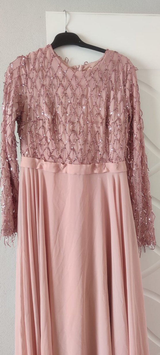 Pembe Dantel Detaylı Uzun Abiye Elbise - Görsel 2