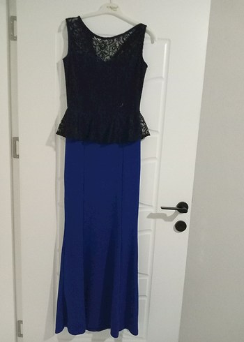 Koyu Mavi Dantel Detaylı Uzun Abiye Elbise - Görsel 2