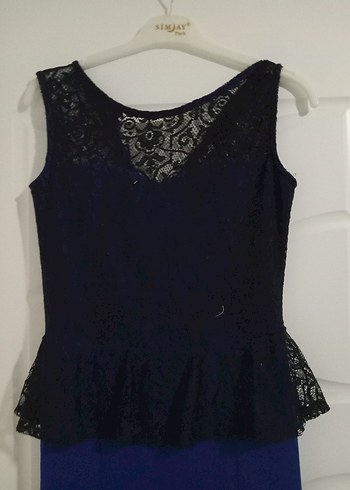 Koyu Mavi Dantel Detaylı Uzun Abiye Elbise - Görsel 3