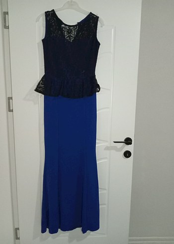 Koyu Mavi Dantel Detaylı Uzun Abiye Elbise - Görsel 4