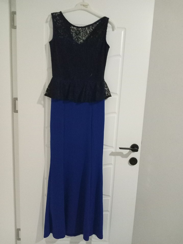 Koyu Mavi Dantel Detaylı Uzun Abiye Elbise - Görsel 2