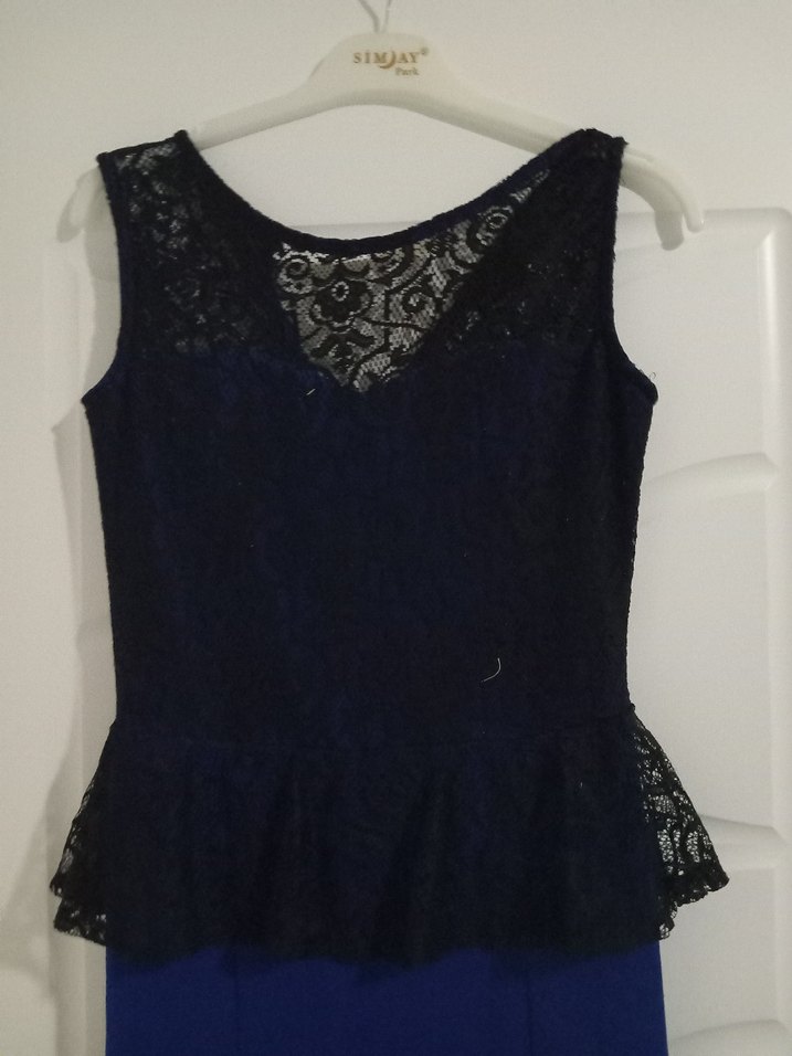 Koyu Mavi Dantel Detaylı Uzun Abiye Elbise - Görsel 3