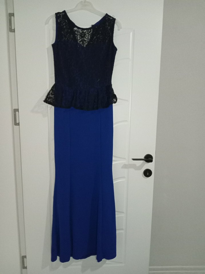 Koyu Mavi Dantel Detaylı Uzun Abiye Elbise - Görsel 4