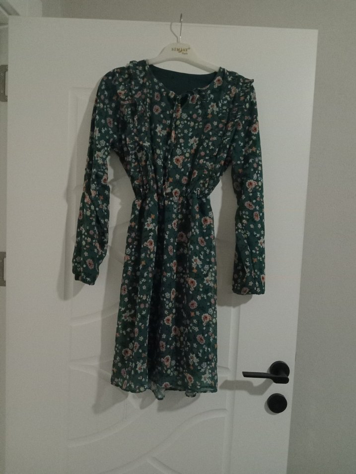 Yeşil Çiçekli Uzun Kollu Bohem Elbise - Görsel 2