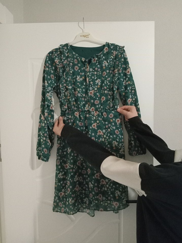 Yeşil Çiçekli Uzun Kollu Bohem Elbise - Görsel 3